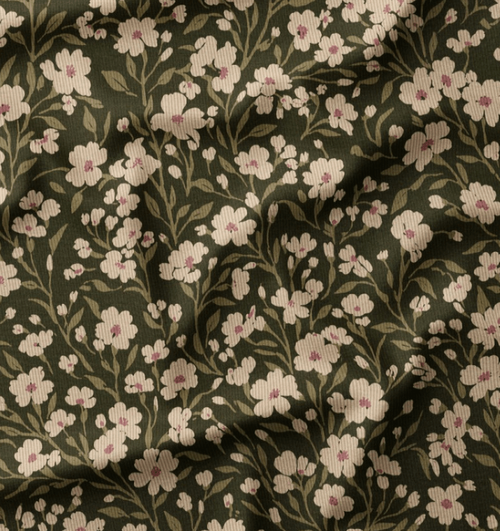 Image avec fleurs fines en velours côtelé de coton sur fond vert – disponible en ligne chez Šarlotes audumi