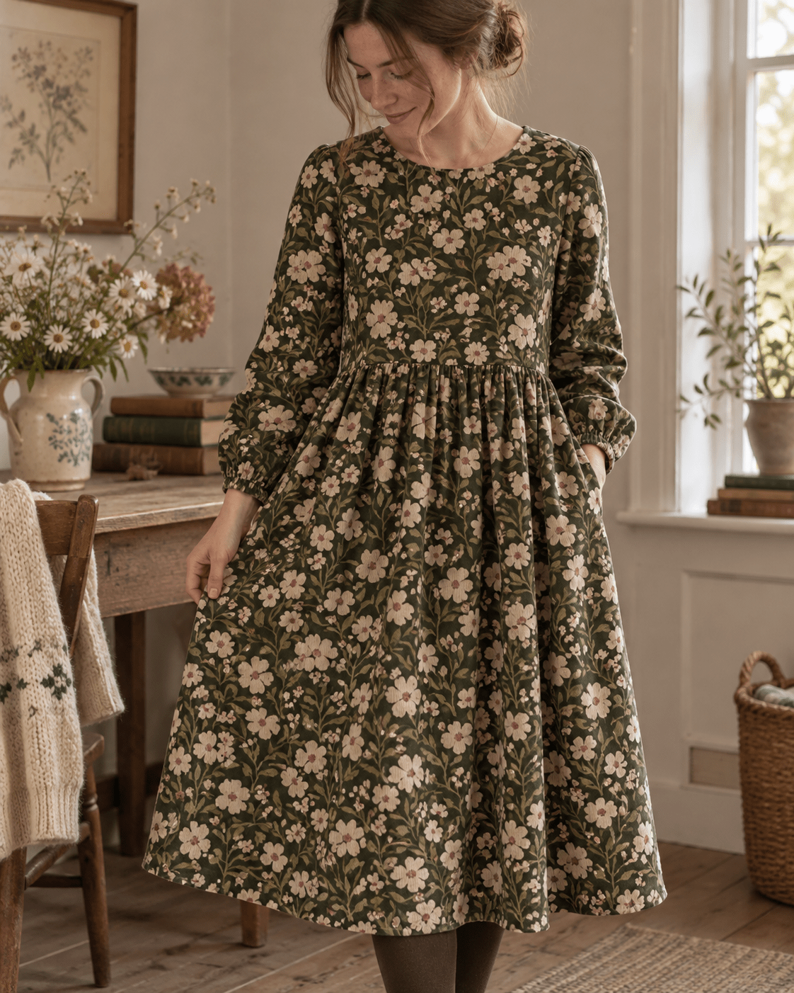 Image avec fleurs fines en velours côtelé de coton sur fond vert – disponible en ligne chez Šarlotes audumi