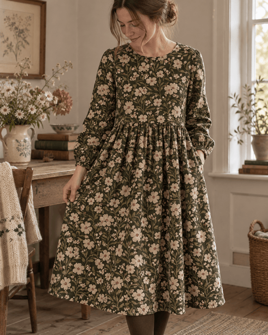 Image avec fleurs fines en velours côtelé de coton sur fond vert – disponible en ligne chez Šarlotes audumi