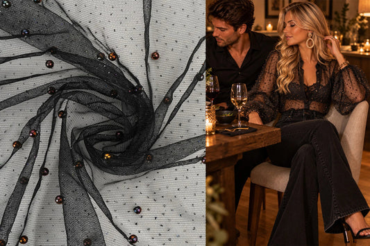 Image de tulle fin avec perles et paillettes noir – disponible en ligne chez Šarlotes audumi