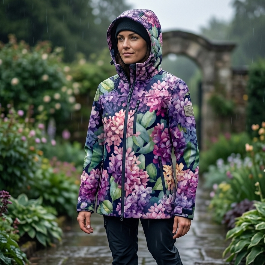 Image avec tissu softshell - hortensias 300 g/m² – disponible chez Šarlotes audumi