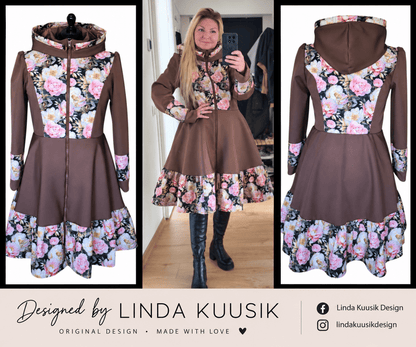 Image du tissu Softshell - pivoines, disponible en ligne chez Šarlotes audumi