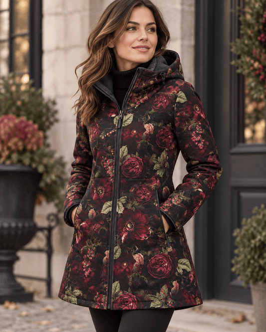 Image avec tissu softshell – fleurs roses sur fond sombre – disponible en ligne chez Šarlotes audumi