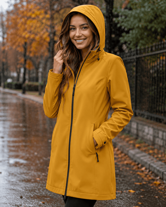 Image de tissu softshell imperméable, ton moutarde – disponible en ligne chez Šarlotes audumi