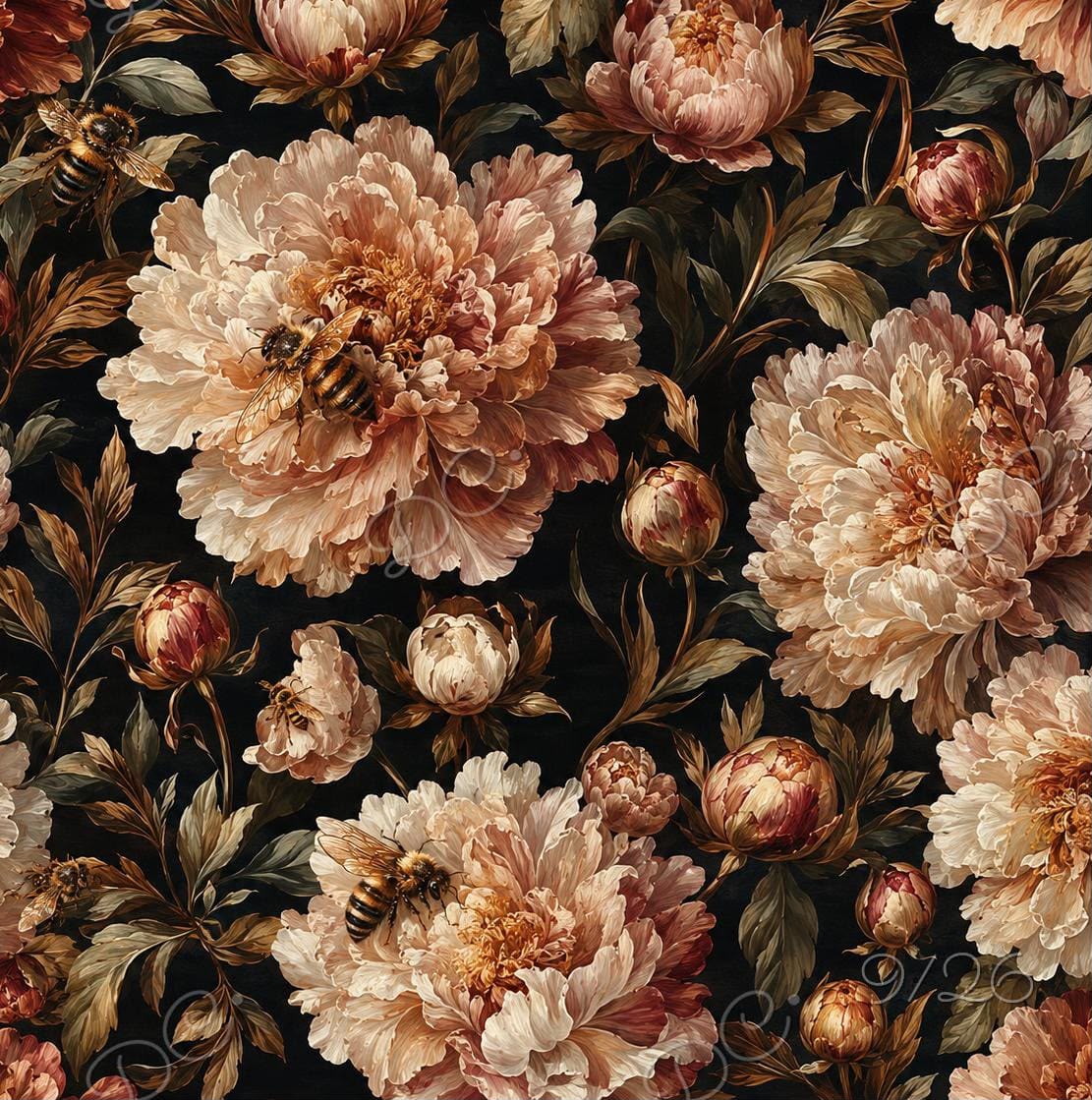 Image du tissu softshell à pivoines dorées – disponible en ligne chez Tissus Charlotte