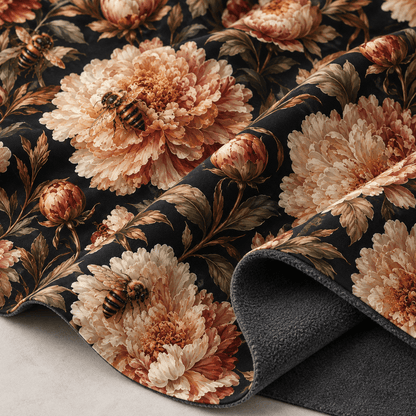 Image du tissu softshell à pivoines dorées – disponible en ligne chez Tissus Charlotte