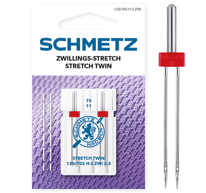 Attēls ar Šujmašīnu adata dubultā SCHMETZ Stretch Twin ZWI Nr.2,5/75 - 2 gab. – pieejams Šarlotes audumi