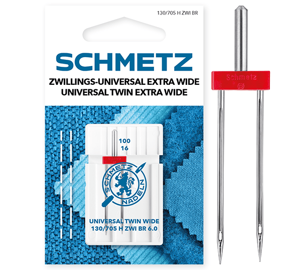 Image d’une aiguille double universelle pour machine à coudre SCHMETZ UNIVERSAL TWIN ZWI BR - n°6/100 (1 pièce) – disponible chez Šarlotes audumi