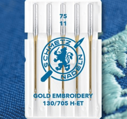 Image avec des aiguilles de broderie pour machine à coudre SCHMETZ EMBROIDERY GOLD NEEDLES - n°75 (5 pièces) – disponible chez Šarlotes audumi