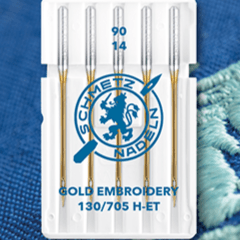 Image avec aiguilles à broder pour machine à coudre SCHMETZ EMBROIDERY GOLD NEEDLES - n°90 (5 pcs) – disponible chez Šarlotes audumi