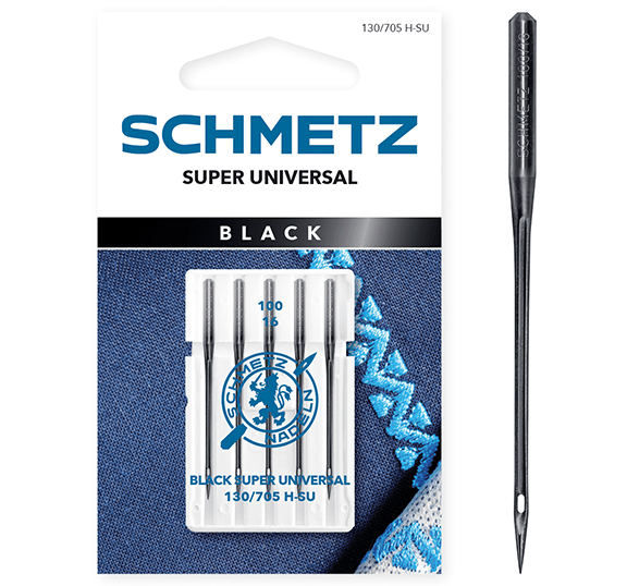 Image d’une aiguille universelle pour machine à coudre SCHMETZ BLACK SUPER UNIVERSAL – n°100 (5 pcs) – disponible chez Šarlotes audumi