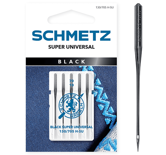 Image d’aiguilles universelles pour machine à coudre SCHMETZ BLACK SUPER UNIVERSAL–n°70 (5 pcs) – disponible chez Šarlotes audumi