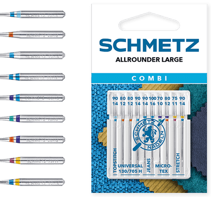 Šujmašīnu adatu komplekts SCHMETZ COMBI 10 TOPSTITCH/UNIVERSAL/JEANS/MICROTEX/STRETCH (10gab.)