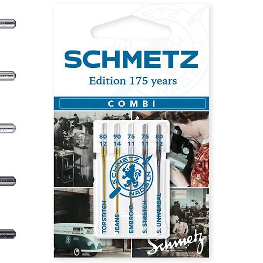 Image du lot d’aiguilles pour machine à coudre SCHMETZ Combi Edition 175 Years – 5 pièces – disponible chez Šarlotes audumi