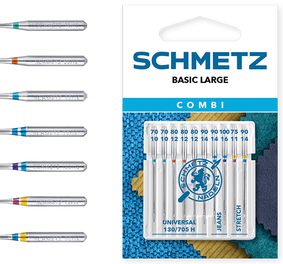 Image du lot d’aiguilles pour machine à coudre SCHMETZ CREATIVE 10 JEANS/UNIVERSAL/STRETCH (10 pièces) – disponible chez Šarlotes audumi