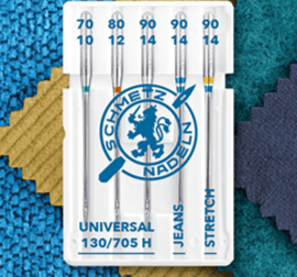 Image du lot d’aiguilles pour machine à coudre SCHMETZ CREATIVE 5 UNIVERSAL/JEANS/STRETCH (5 p.) – disponible chez Šarlotes audumi
