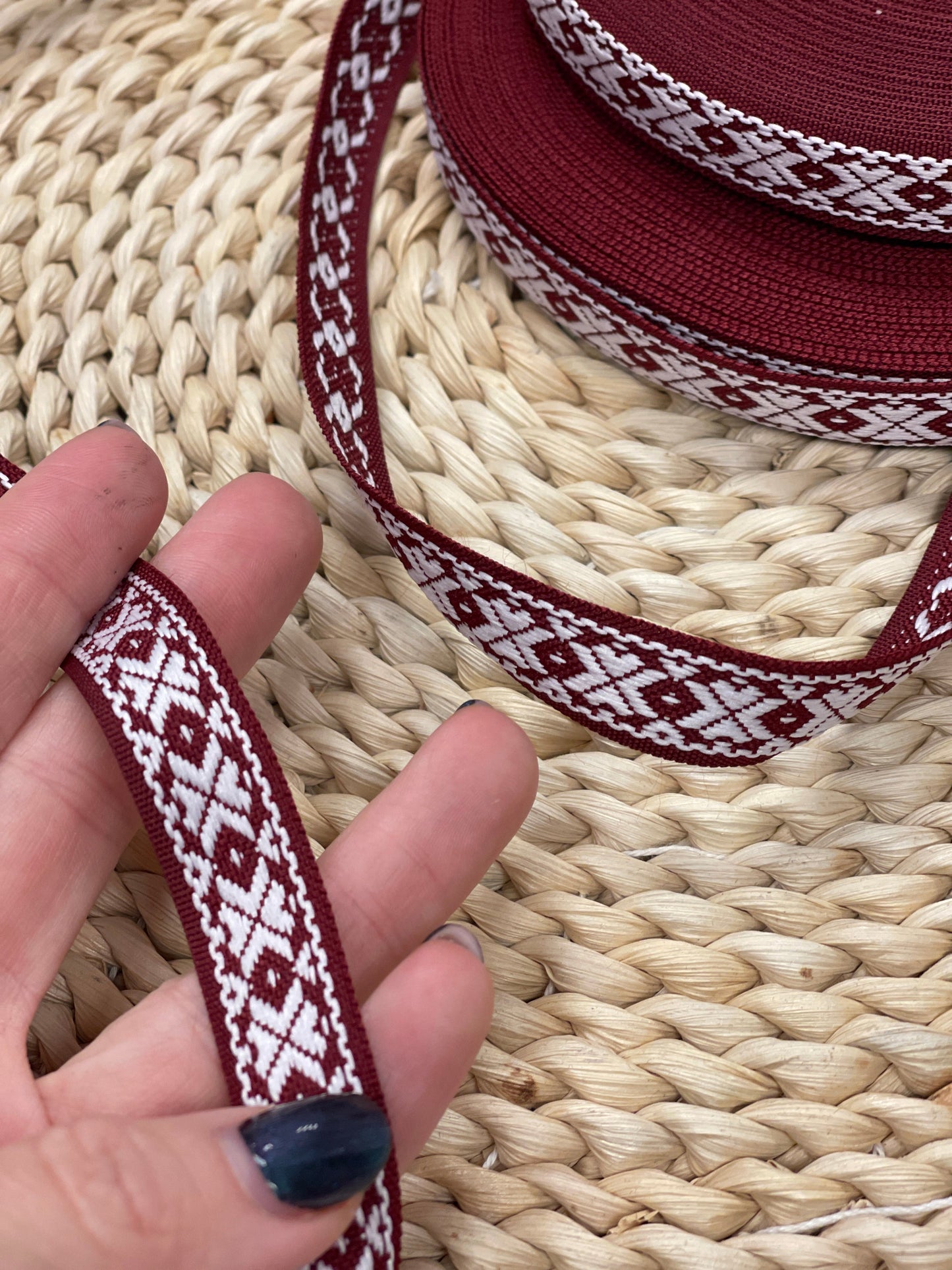 Traditional ribbon, 16 mm - burgundy with a white pattern - LV