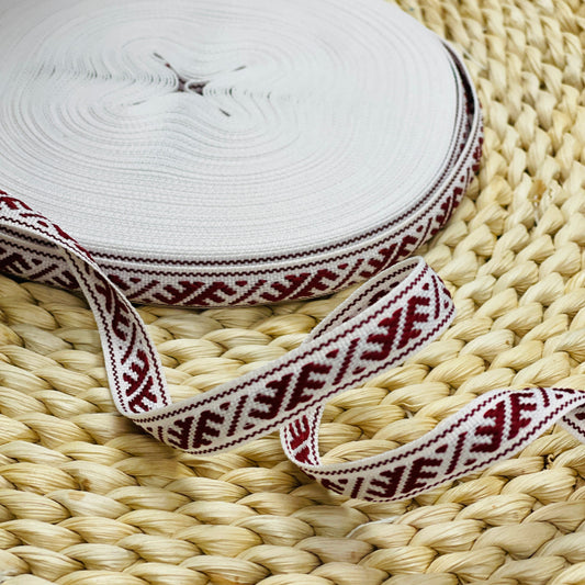 Folk ribbon, Ūsiņš belt 12mm - burgundy with white - LV