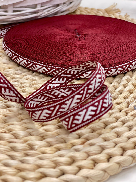 Traditional ribbon, belt Ūsiņš 12mm - burgundy with white - LV