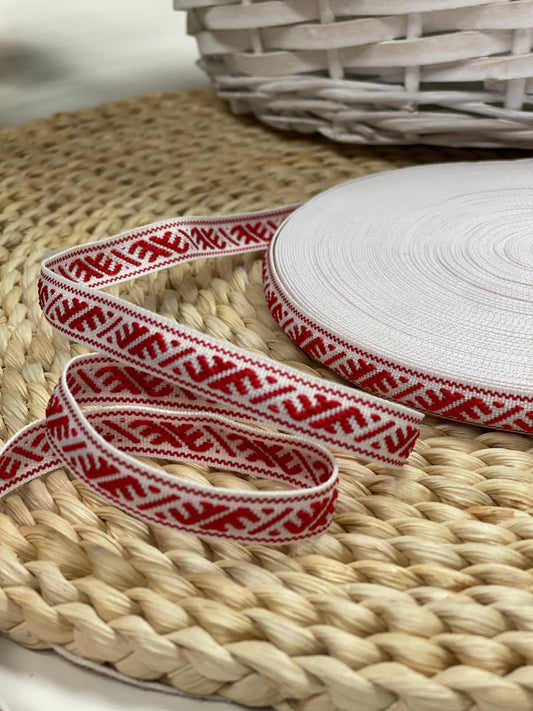 Folk ribbon, Ūsiņš belt 12mm - red with white - LV