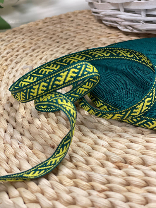 Folk ribbon, belt Ūsiņš 12mm - green with yellow - LV