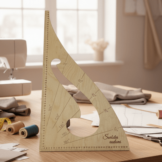 Image d’une règle triangulaire avec gabarit – disponible chez Šarlotes audumi