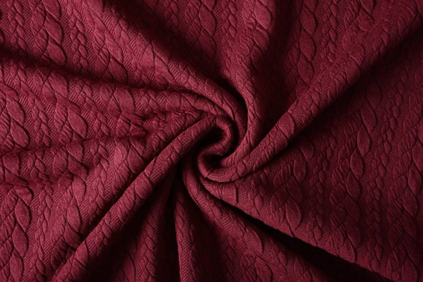 Image of knitted fabric with a knit pattern - burgundy braids 340 g/m² – available at Šarlotes Audumi