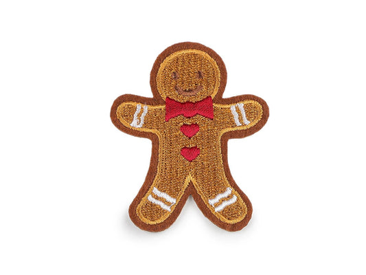 Image d’un écusson thermocollant en forme de bonhomme en pain d’épices, 5 x 6,2 cm – patch brodé – disponible en ligne chez Šarlotes audumi