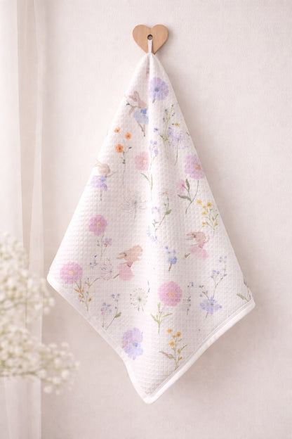 Image of waffle fabric - meadow flowers and bunny 230 g/m² – available at Šarlotes audumi