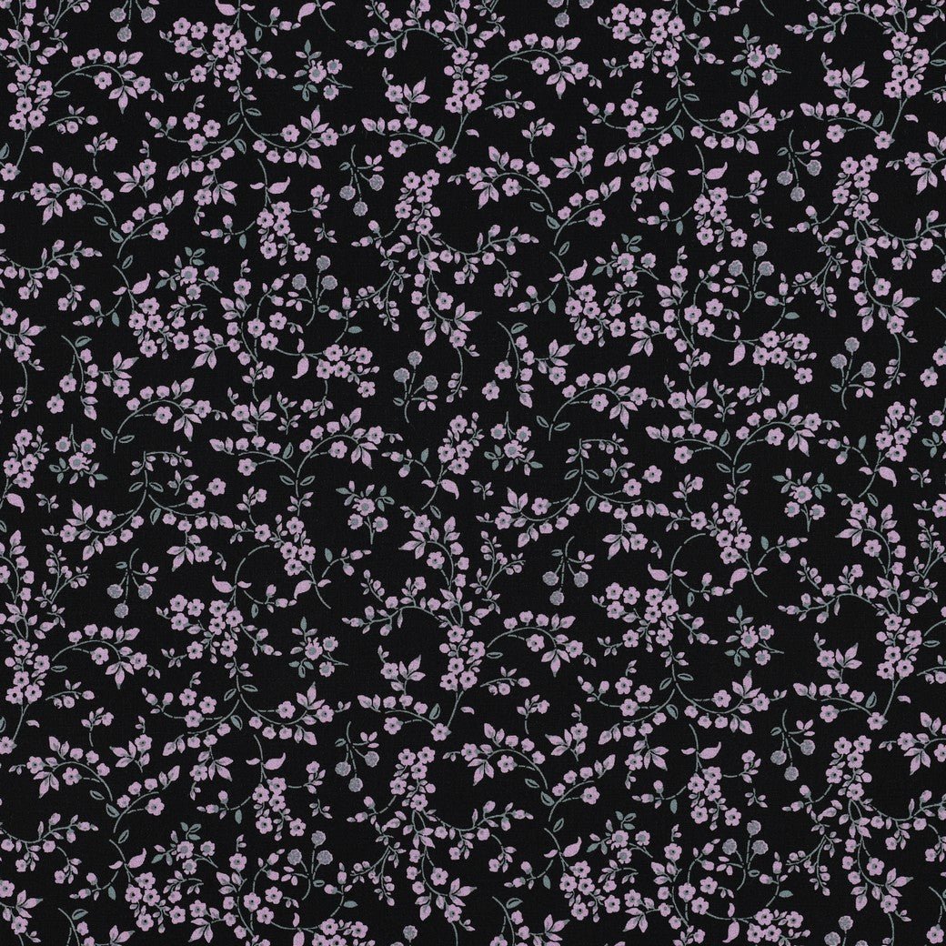 Image de tissu en viscose avec élasthanne, fin motif floral sur fond noir – disponible en ligne chez Šarlotes audumi