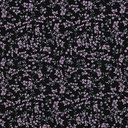 Image de tissu en viscose avec élasthanne, fin motif floral sur fond noir – disponible en ligne chez Šarlotes audumi