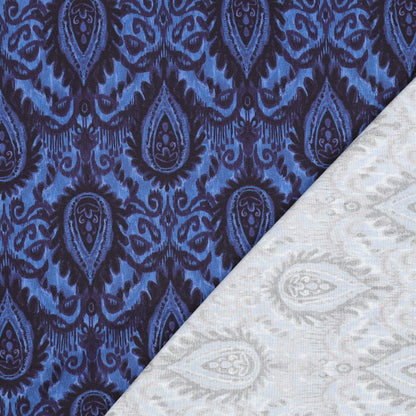 Image de tissu en viscose avec élasthanne, motif abstrait bleu – disponible en ligne chez Šarlotes audumi