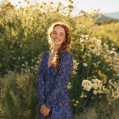 Image de tissu en viscose avec élasthanne, motif abstrait bleu – disponible en ligne chez Šarlotes audumi