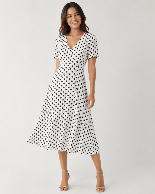 Image of viscose fabric with black circles on white, 80 g/m² – available at Charlotte’s Fabrics