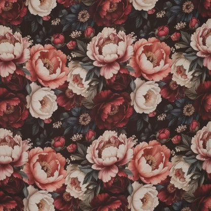 Image de tissu en viscose - pivoines roses, disponible en ligne chez Šarlotes audumi