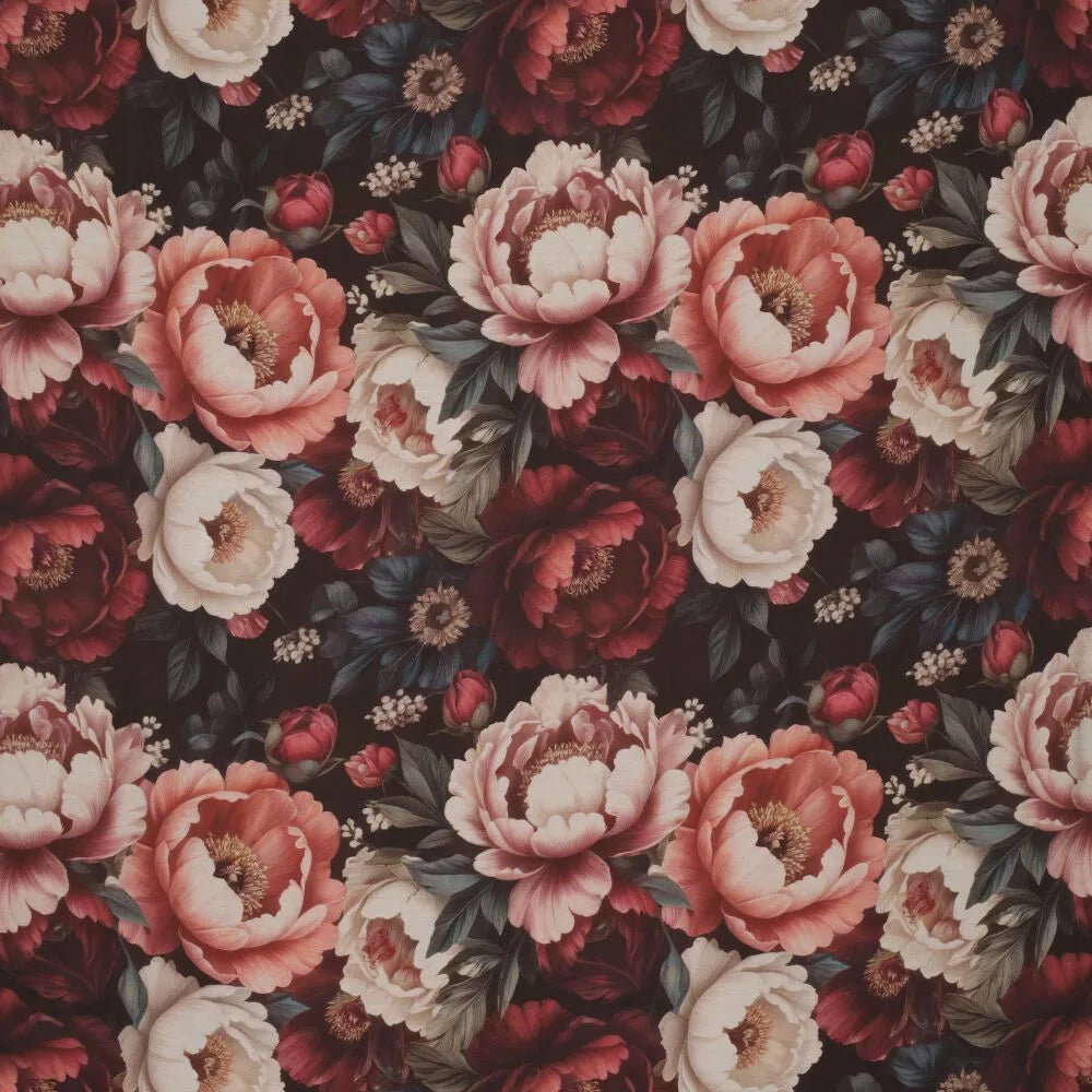 Image de tissu en viscose - pivoines roses, disponible en ligne chez Šarlotes audumi