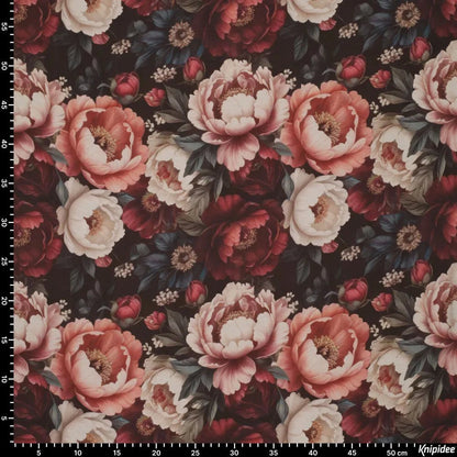 Image de tissu en viscose - pivoines roses, disponible en ligne chez Šarlotes audumi