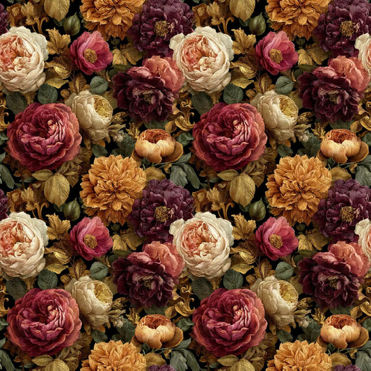 Image de tissu gabardine en viscose, pivoines et roses – disponible en ligne chez Šarlotes audumi