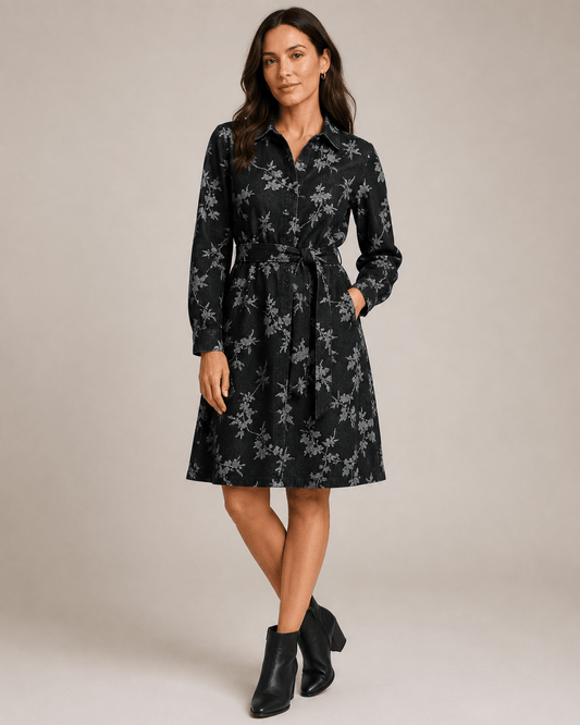 Bild von Jacquard-Jeansstoff mit Blumen – Schwarz – online erhältlich bei Šarlotes audumi
