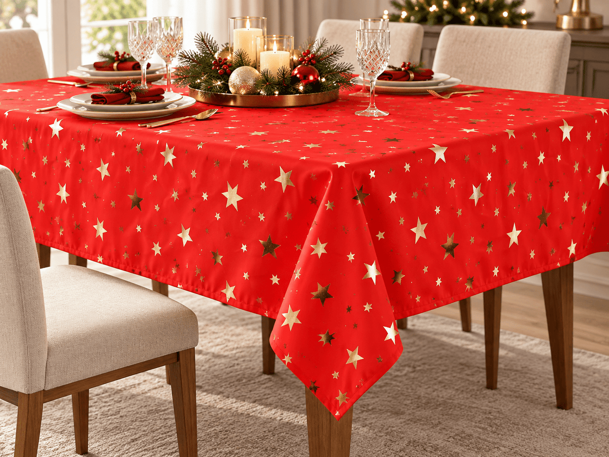 Image d'un tissu décoratif de Noël à étoiles dorées, disponible en ligne chez Šarlotes audumi
