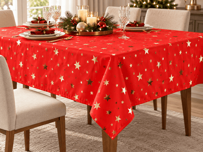Image d'un tissu décoratif de Noël à étoiles dorées, disponible en ligne chez Šarlotes audumi