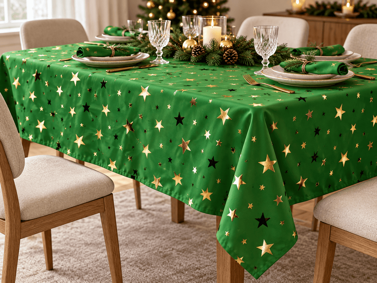 Image d’un tissu décoratif de Noël vert à étoiles dorées – disponible en ligne chez Charlotte Audumi