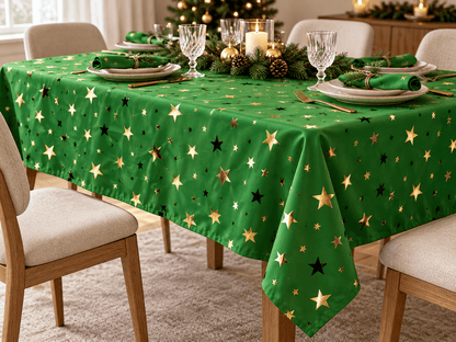 Image d’un tissu décoratif de Noël vert à étoiles dorées – disponible en ligne chez Charlotte Audumi