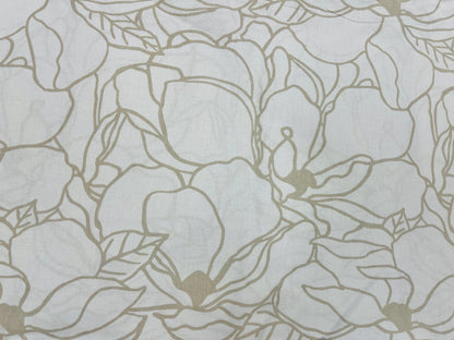 100% Cotton fabric - beige floral pattern on a white background 130 g/m²