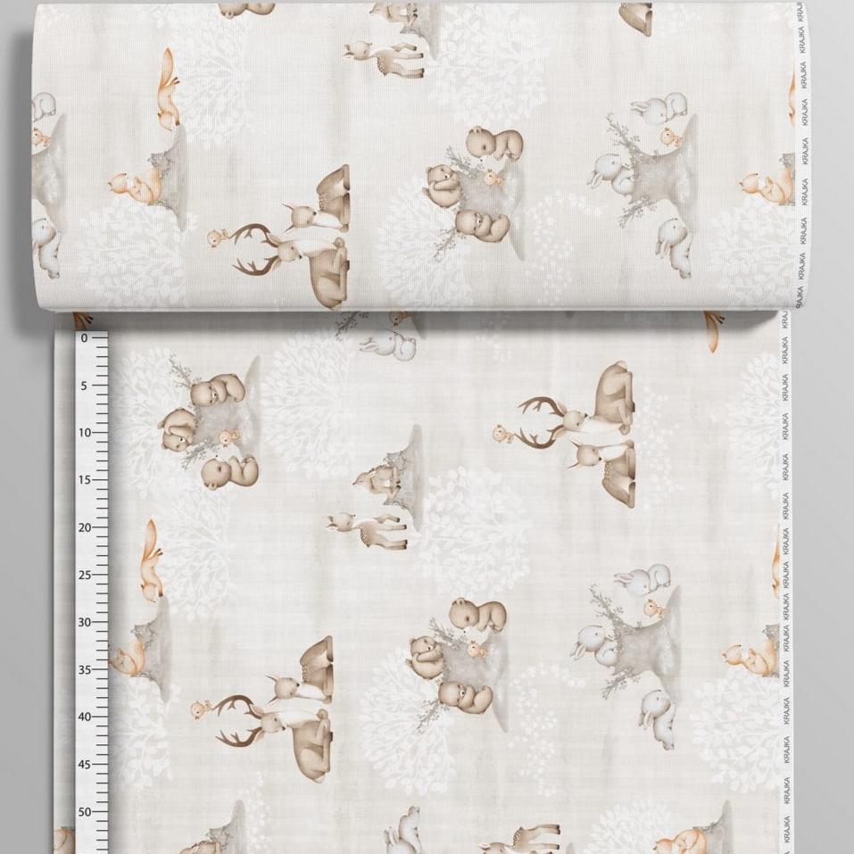 100% Cotton fabric - animals by a stump 125 g/m²