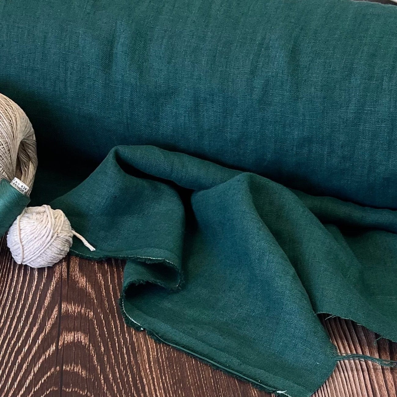 100% softened linen in a cool dark green shade 205 g/m²