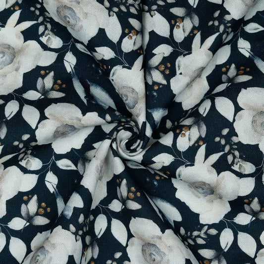 Canvas fabric - white roses on a dark blue background 225 g/m²