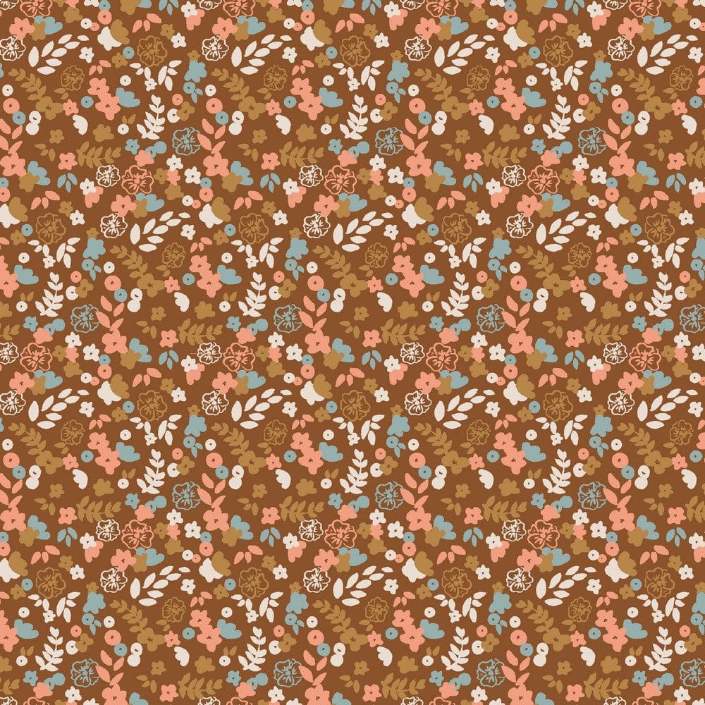 Leichter Baumwolljersey mit Blumenmuster auf nussbraunem Grund, 220 g/m² (GOTS-zert.)