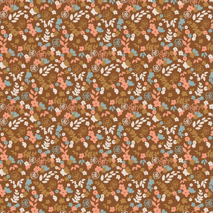 Leichter Baumwolljersey mit Blumenmuster auf nussbraunem Grund, 220 g/m² (GOTS-zert.)